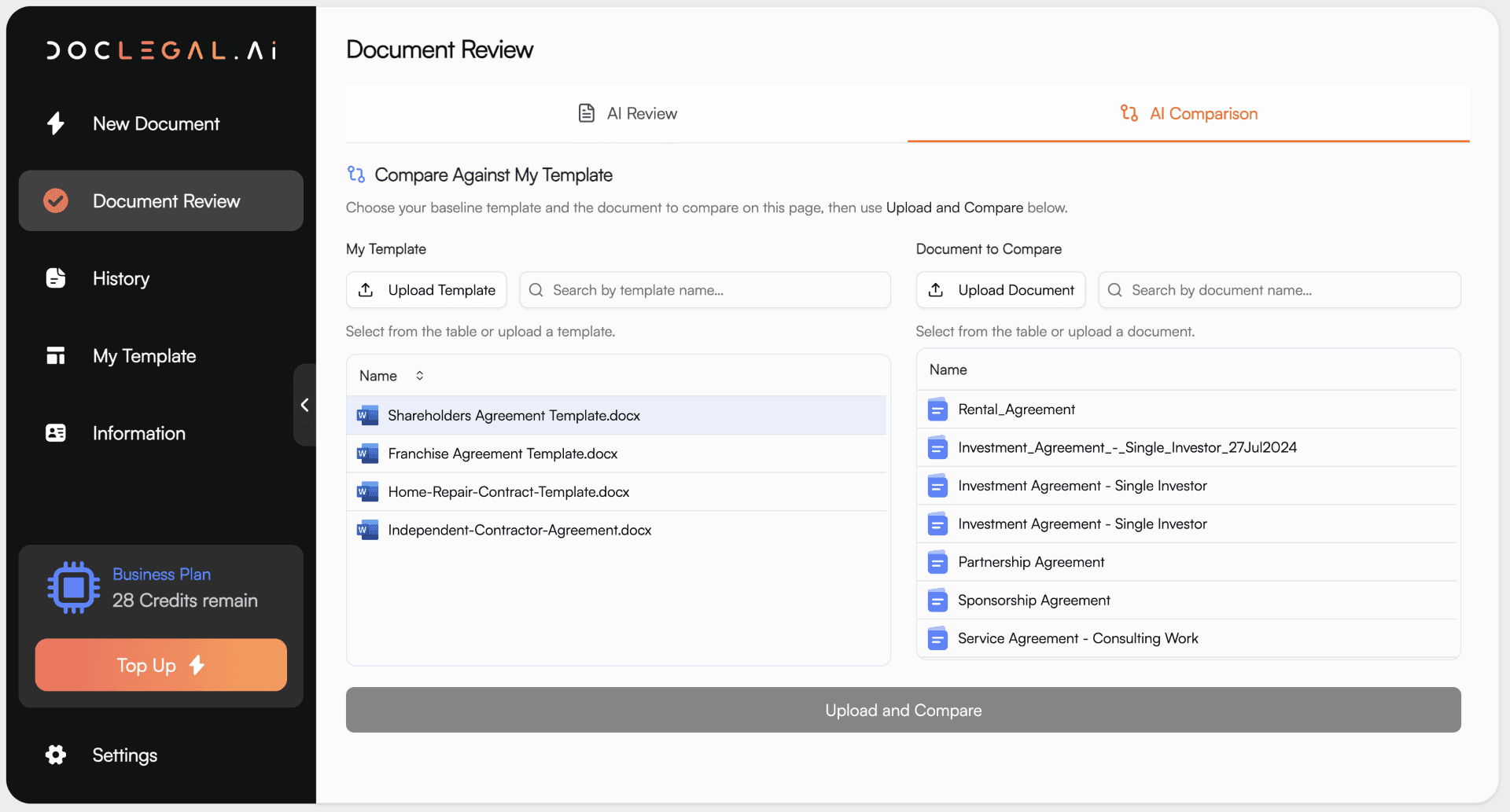 AI comparison: compare a document against your template in DocLegal.Ai
